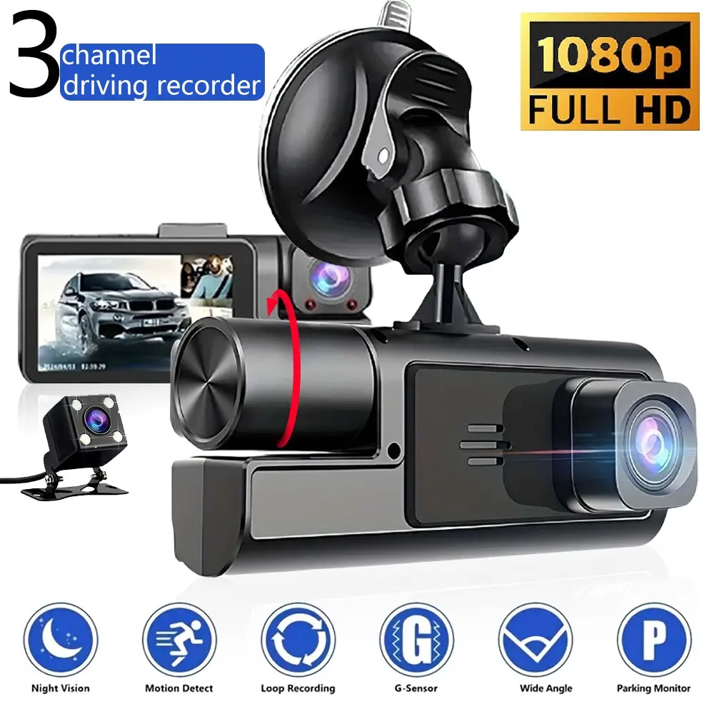 3 Channel Dash Cam Front Rear Inside - 1080P Full HD Car Camera with Adjustable Lens, Night Vision, G-Sensor, Loop Recording & Parking Monitor for 24/7 Vehicle Security