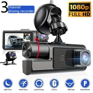3 Channel Dash Cam Front Rear Inside - 1080P Full HD Car Camera with Adjustable Lens, Night Vision, G-Sensor, Loop Recording & Parking Monitor for 24/7 Vehicle Security Triple Dash Camera