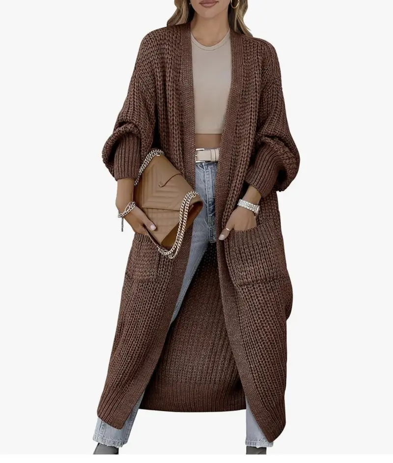 Long Cuff Sleeve Open Front Knit Long Duster Coat With Pockets