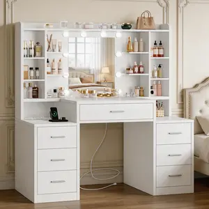 Large Vanity Desk with Mirror & Lights, White Makeup Vanity with 7 Drawers & 6 Storage Shelves, Vanity Set with LED Lights and Power Outlet, 3 Lighting Modes Vanity Desk for Bedrrom