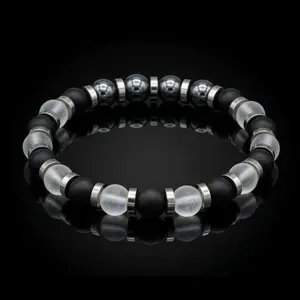 Men's Strength and Clarity Bracelet with Onyx Matte, Clear Quartz Matte, Hematite and Silver