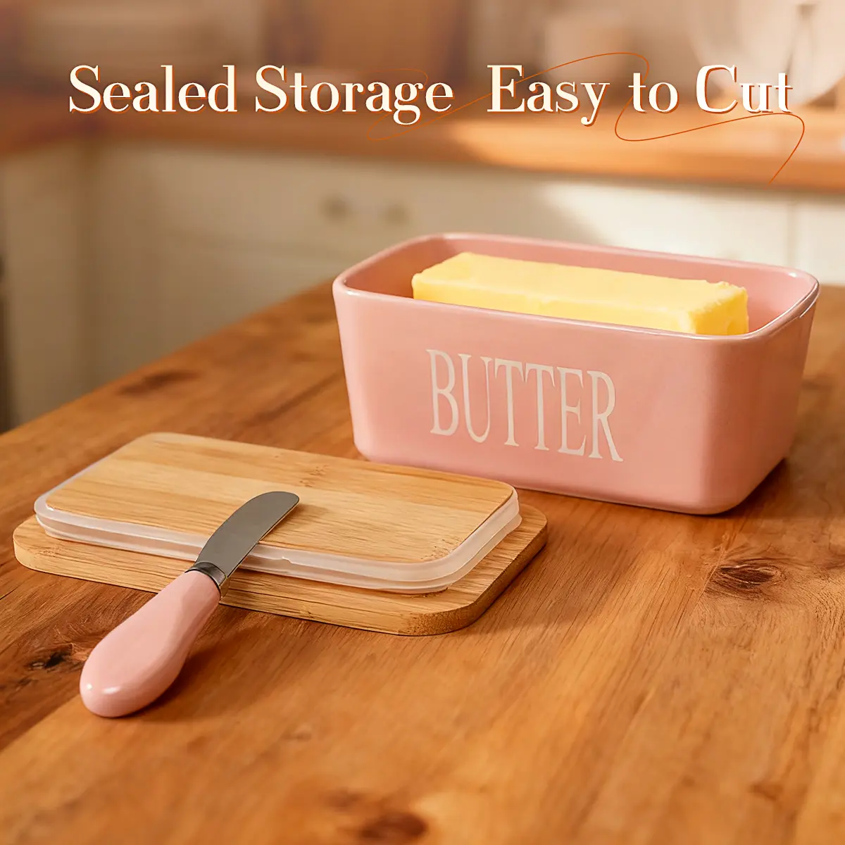 Luxury Large Reusable Ceramic Butter Dish with Silicone Airtight Lid - Leakproof Seal, Included Knife Utensil, Easy-Clean Countertop Container, Kitchen Accessories for Home Chefs, Kitchenware Containers
