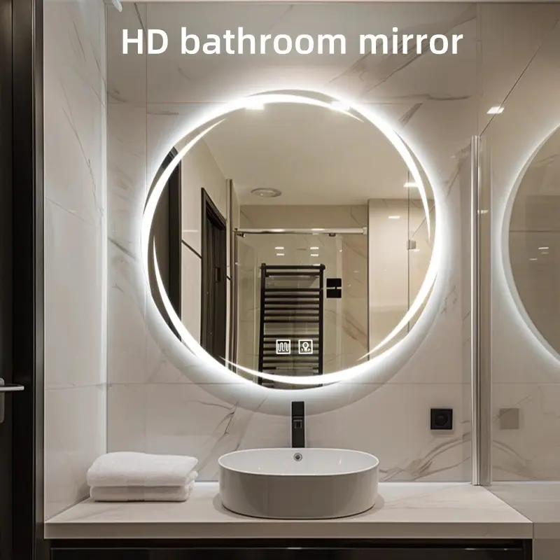 SHAMATE Round Smart Bathroom Vanity LED Mirror - Anti-Fog, Touch Control, Crescent Light, Dual-Source Dimmable, Large Wall-Mounted Modern Makeup Decor Mirror polished glass