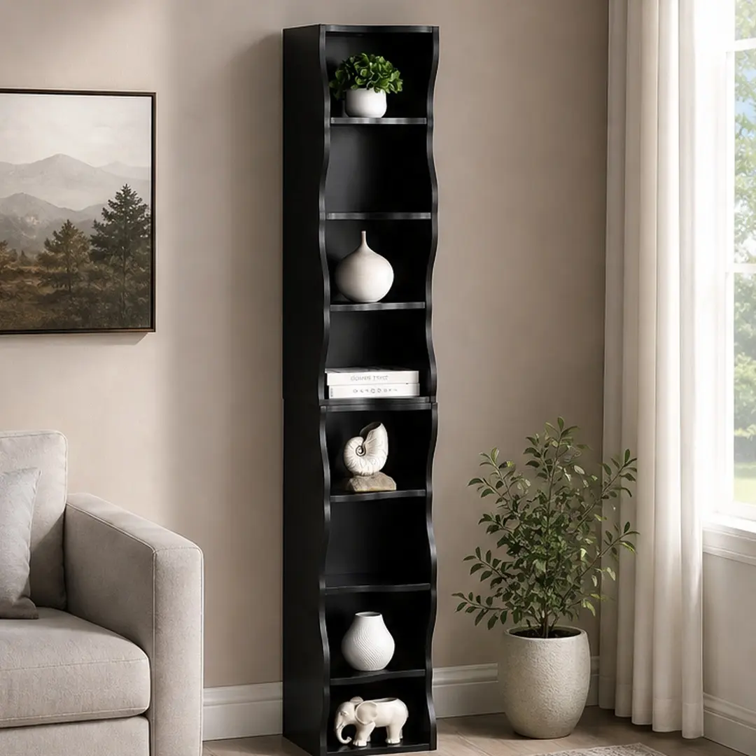 ARCH 8-Tier Adjustable Shelf Bookcase with Wavy Border Design, Tall Narrow Bookshelf for Home Office Living Room Display, MDF Material, Multiple Color Options, 70.87H x 9.25W x 11.61D Inches, Black/Gray/Pink/Walnut Color Options, Color: Black