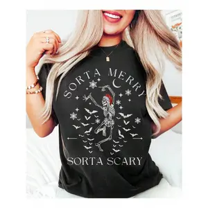 Sorta Merry Sorta Scary Shirt, Gothic Irreverent Holiday Christmas Running XMas Hat Skeleton With Bats And Snowflakes TShirt，Women's Fashion Crew Neck Short Sleeve T-Shirt with Stylish Graphic Print Soft Breathable Fabric Casual Loose Fit Tee Top for Summ