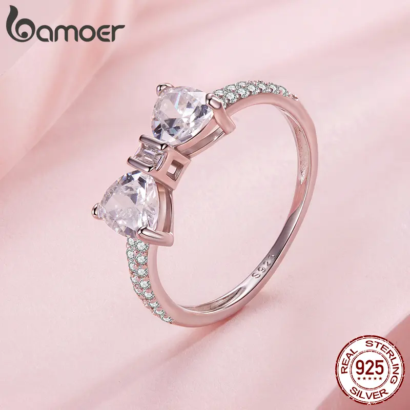 BAMOER Solid 925 Sterling Silver Pink Bow Tie Statement Ring Full Paving CZ Band Ring for Mother Gift Trendy Lovely Jewelry