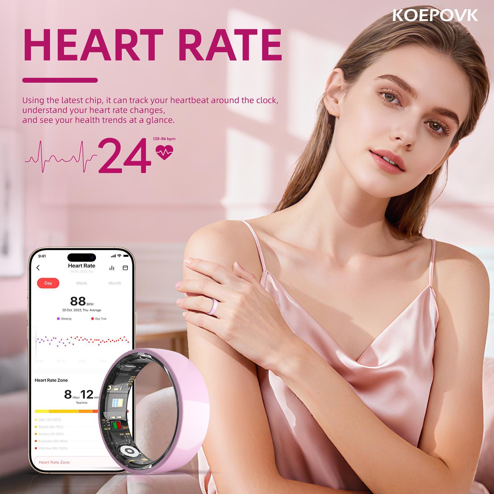 KOEPOKV Ceramic Smart Ring SleepHealth Fitness Tracker Wearable Devices for Women Gift StepCalorie Waterproof Durability Pink Color with Charging Case multifunctional