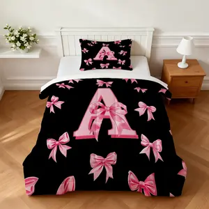 2/3Pcs Custom Letter Bow Comforter Set, Black & Pink Color Block Print, Fluffy Warm Skin-friendly, Perfect for Summer Girlfriends Birthday Personalized Gifting (With Filling, No Pillow Inserts)