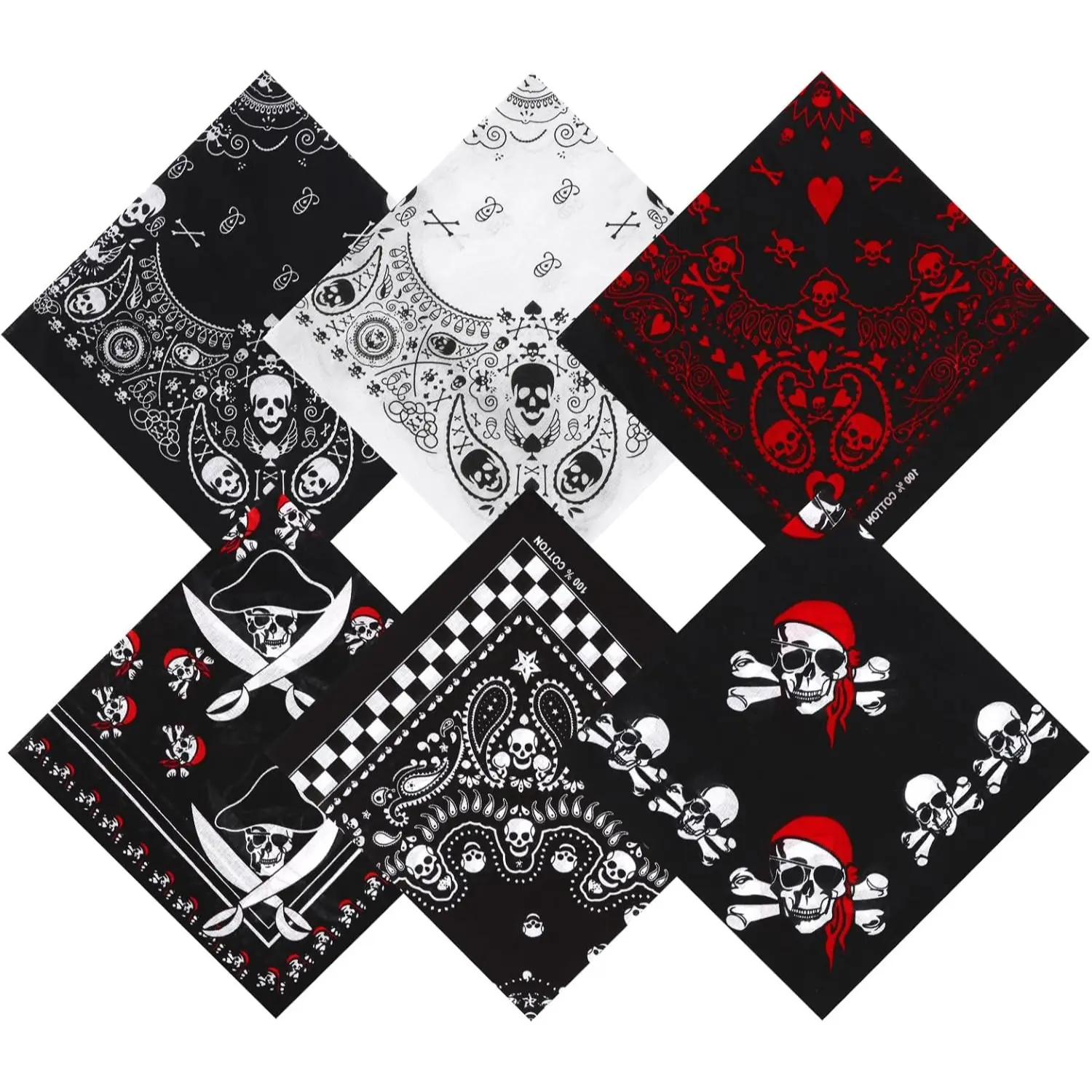 6 Pack 100% Cotton Pirate Bandanas for Men Skull Bandana Headband for Biking Sports and Outdoor Activities