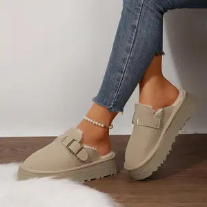 Trendy Women's Slippers Suede Buckle Mules Fleece-Lined Mini Snow Boots Platform Clogs Fashion Winter Footwear Indoor Outdoor Shoes