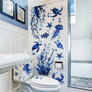Ocean Themed Bathroom Sticker, 8 Counts/set Self Adhesive Wall Decal, DIY Decorative Sticker for Home Bathroom Toilet, Ornaments, Kitchen Bathroom Decoration