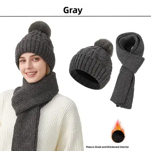 Women's Winter Set - Cable Pom Pom Hat & Scarf - Fleece-Lined Thickened Interior for Outdoor Warmth - Cozy & Stylish