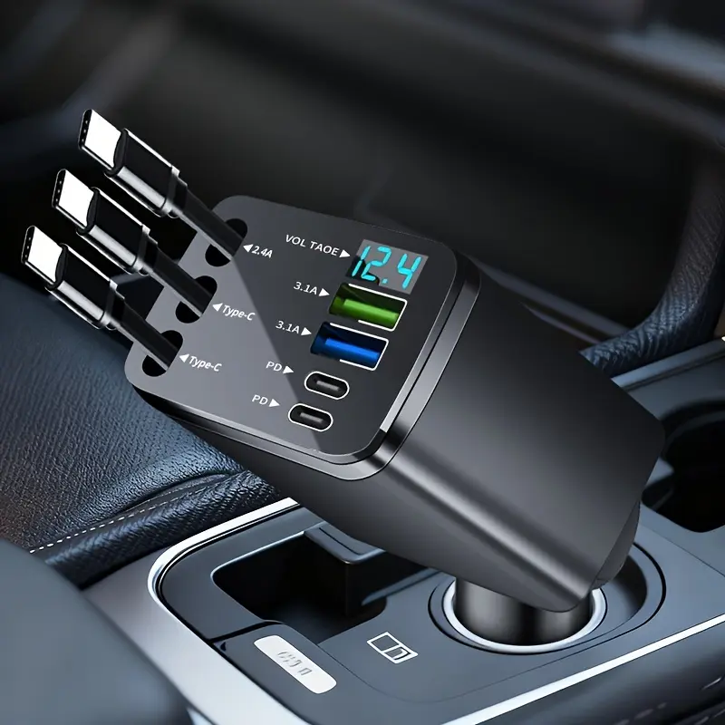 Retractable Car Charger 7 in 1 Fast Charging USB-C PD Multi Port Dual Type C Cable LED Voltage Display 120W High Power Plug and Play Car Adapter for iPhone Android Samsung Travel Road Trip Car Accessories Universal Vehicle Charger Compact Design carplay s