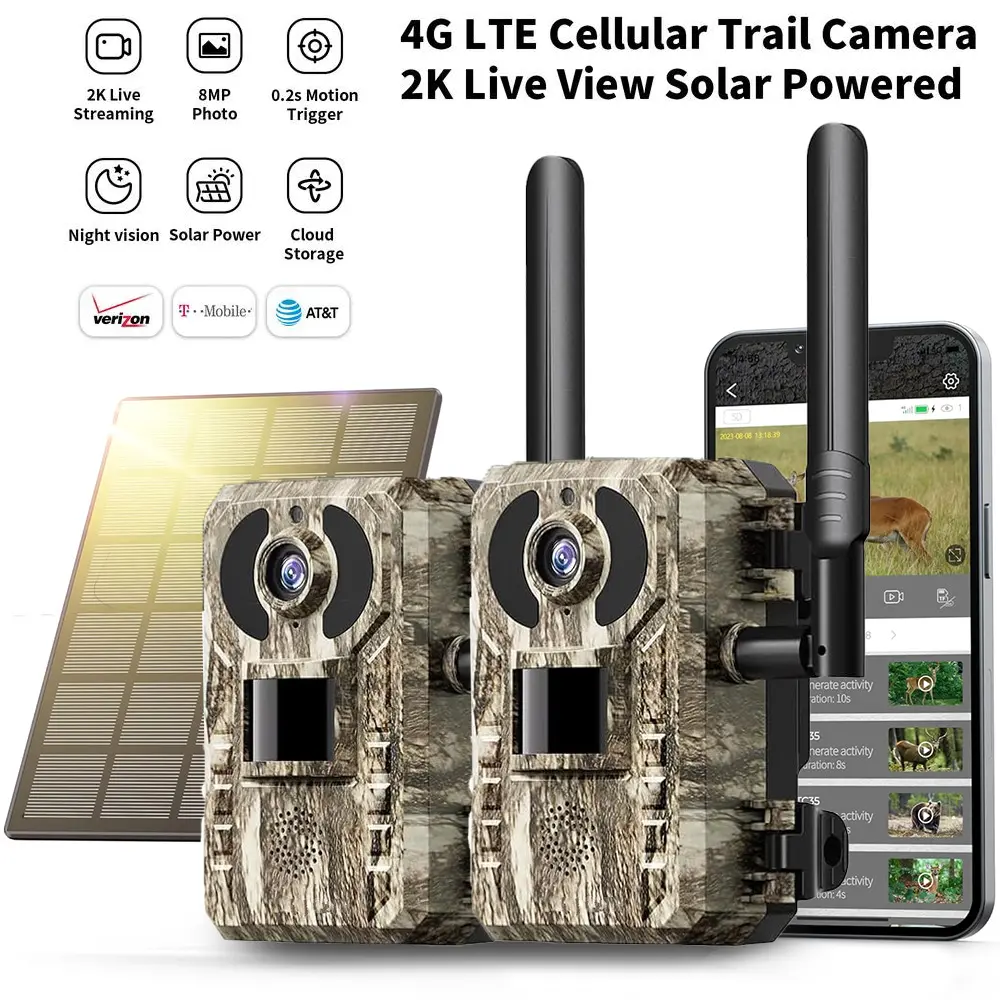 2-Pack 4G LTE 2K Solar-Powered Cellular Trail Camera, 3rd-Generation Model with Live View, Remote Phone Access & Playback, 0.2-Second Motion Trigger, Night Vision, Built-in SIM Card, Outdoor Home Improvement Tool, Motion-Triggered