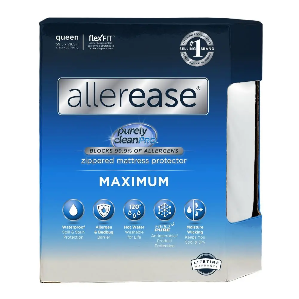 Allerease Queen Maximum Waterproof Allergy and Bedbug Protection Zippered Mattress Protector: Hypoallergenic Twill Fabric Fits 17" Depth