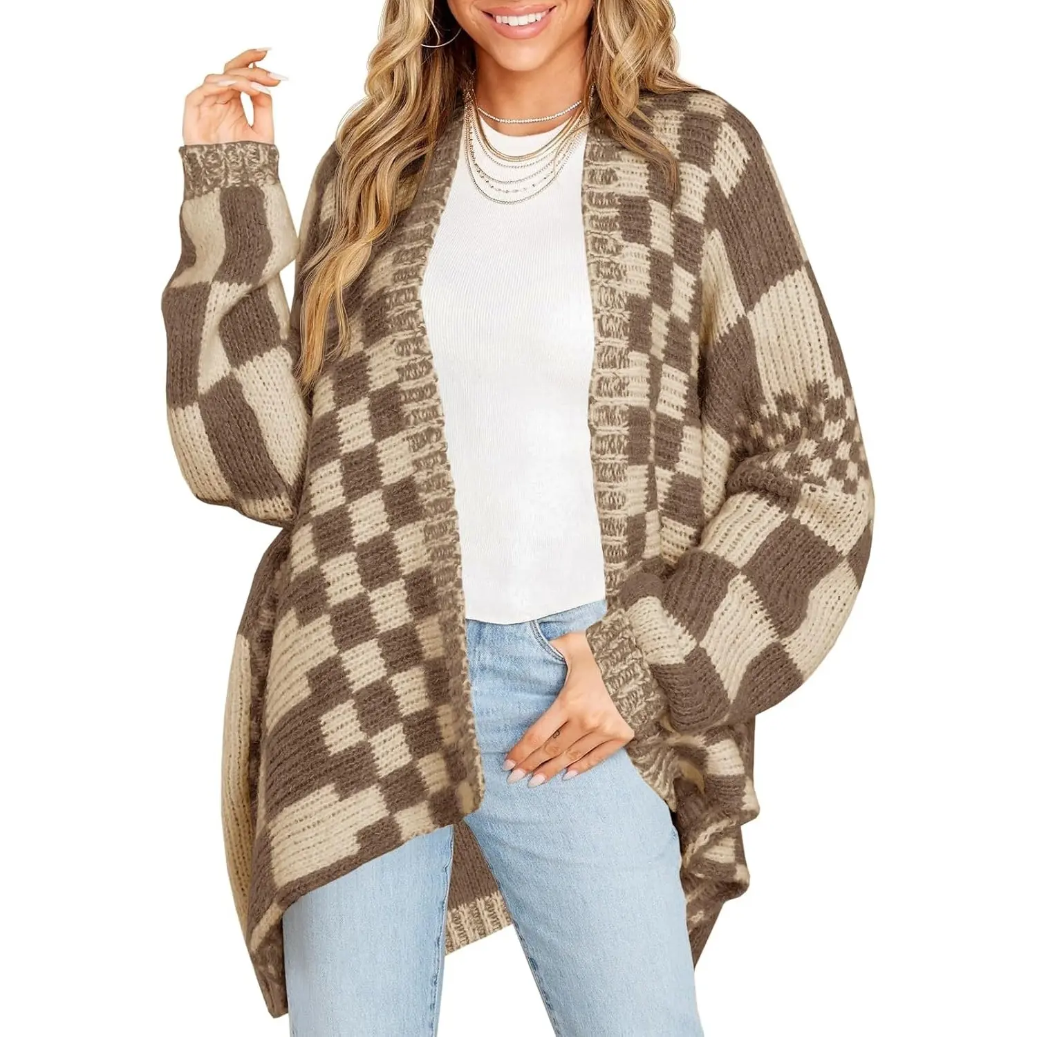Saodimallsu Women's Oversized Plaid Cardigan, Color-Block Long Sleeve Open-Front Knit Sweater Coat for Casual Wear, Checkered