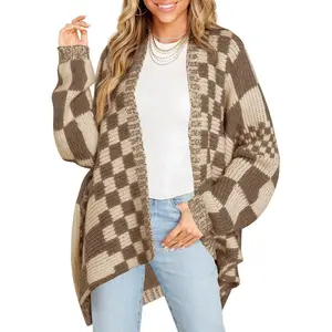 Saodimallsu Women's Oversized Open-Front Plaid Color-Block Knitting Cardigan Coat, Long-Sleeve Knitwear Top for Casual Wear