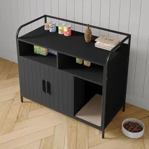 Modern Cat Litter Box Enclosure – Sturdy Metal Frame – Double Doors for Easy Cleaning – Ventilated Odor-Free Back Panel – Dual Storage Shelves – Multi-Functional Hidden Cat Washroom Furniture