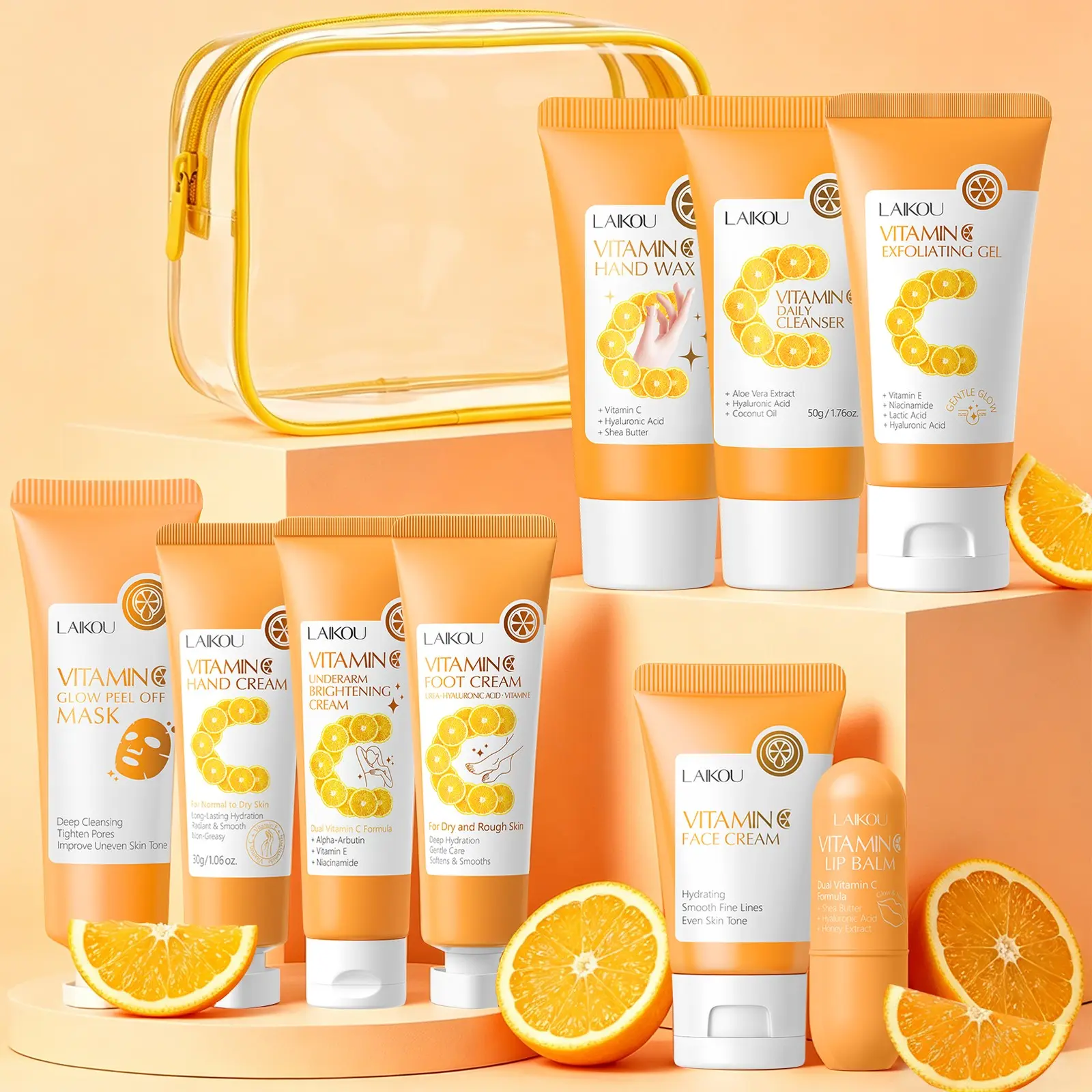 LAIKOU Vitamin C Full Body Skincare Set - Body Beauty Set - Body Care Pack - 10 PCS Brightening Kit with Face Wash, Peel Off Mask, Hand Wax & Underarm Cream | Head-to-Toe Radiant Glow Routine | Includes Travel Waterproof Bag | Body Care Sets