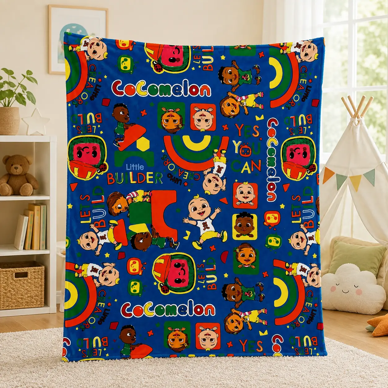 Cocomelon Building Theme Blanket, Cute Cartoon Kids Character & Blocks Print, Soft Cozy Flannel Throw Blanket for Home School Bed Sofa, Thin Lightweight Toddler Blanket for Playroom Learning Space, Nap Time Travel Kids Bedding