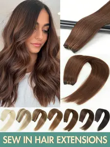 12-22inch Sew In Weft Straight Human Hair Bundles Handmade Straight Hair Extensions, Dual-Layer Hand-Braided Weave Strips, Suitable for Sew-In Hair Extensions, Multiple Color Options