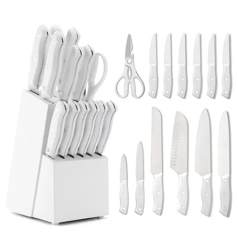 15-Piece Durable Stainless Steel Knives Kitchen Set with Solid Wood Block, Plastic Holder - Chef's, Japanese, Meat, Bread, Steak Knives, Scissors, Steel&Ceramic Cutter, Sturdy Stylish Kitchenware Gift Set