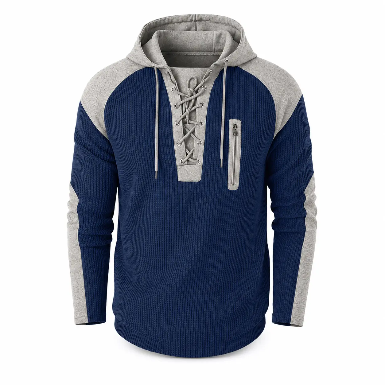 Men's Lace Up Hooded Sweater, Colorblock Textured Knit Pullover with Zip Chest Pocket, Casual Long Sleeve Hoodie Sweater for Everyday Wear