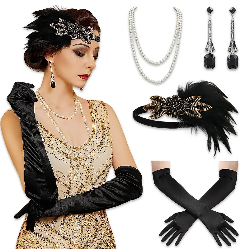 Women's 1920s Great Gatsby Essential Cosplay Accessory Set, Imitation Pearl Necklace, Flapper Headband, Vintage Earrings, Elastic Long Satin Gloves, Roaring 20s Costume Kit
