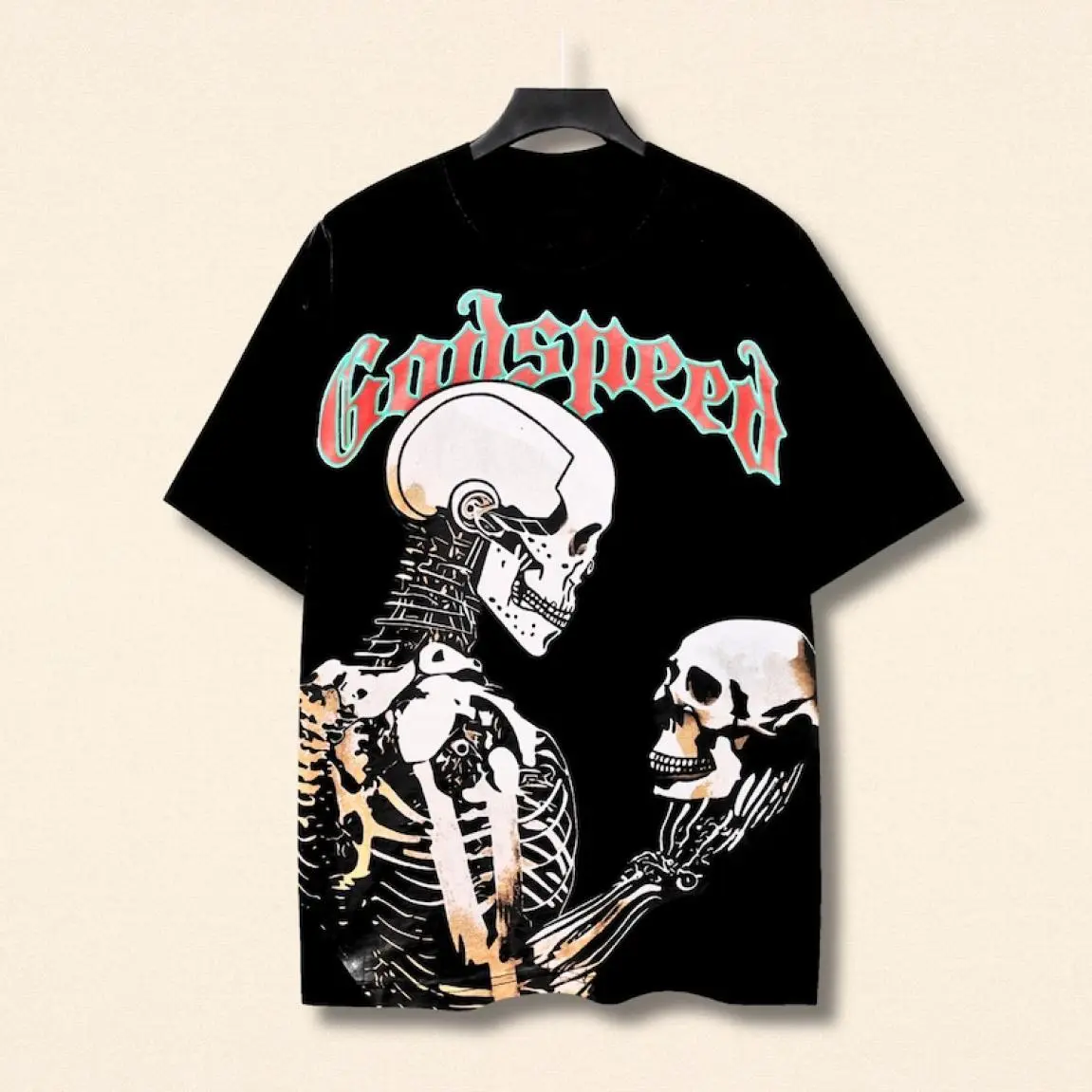 Godspeed Skeleton Graphic T-Shirt, Gothic Oversized Punk Tee, Washed Black Unisex Rock Shirt, Vintage Grunge Streetwear