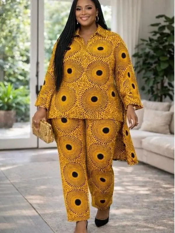 Golden Sun Ankara Two-Piece Set – Statement Top & Trousers with Flow Jacket