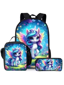 Unicorn & Pony Print 3-Piece Backpack Set (Backpack, Lunch Bag, Pencil Case) Unicorn And Pony Backpack