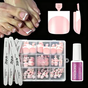 Baby Pink French Toe Nails Set,150PCS Short Square False Toenails Kit With Nail Art Tools, Artificial Nude French Tip Stick On Toenails Glossy Full Cover Removable False Toe Nails For Women Girls Nail Art DIY Gift 15 Sizes Nail Art Kits
