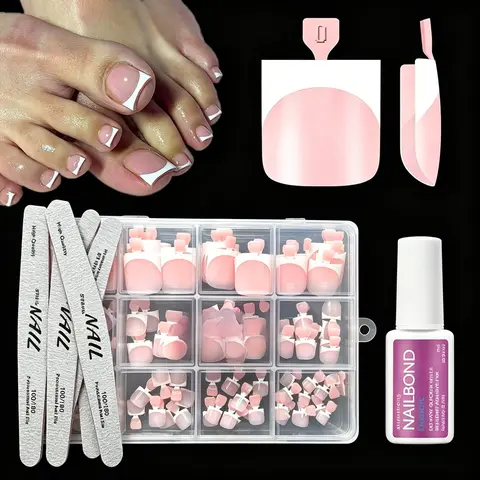 Baby Pink French Toe Nails Set,150PCS Short Square False Toenails Kit With Nail Art Tools, Artificial Nude French Tip Stick On Toenails Glossy Full Cover Removable False Toe Nails For Women Girls Nail Art DIY Gift 15 Sizes Nail Art Kits