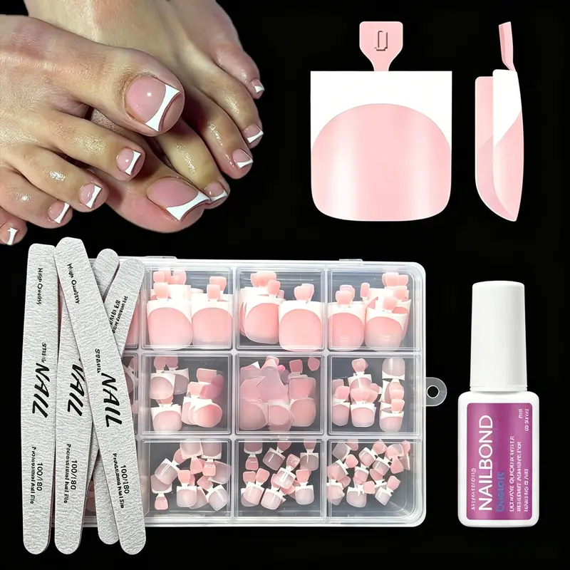 Baby Pink French Toe Nails Set,150PCS Short Square False Toenails Kit With Nail Art Tools, Artificial Nude French Tip Stick On Toenails Glossy Full Cover Removable False Toe Nails For Women Girls Nail Art DIY Gift 15 Sizes Nail Art Kits