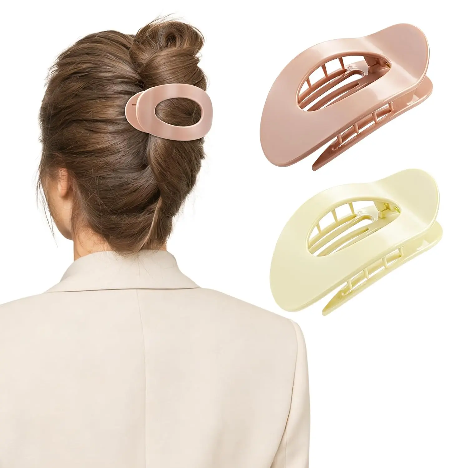 Flat Hair Clips for Women, 2-Pack Large  Grip Non-Slip Hair Claw Clips, Curved Design for Thick or Thin Hair, Daily Styling & Work Hair Accessories-+Beige