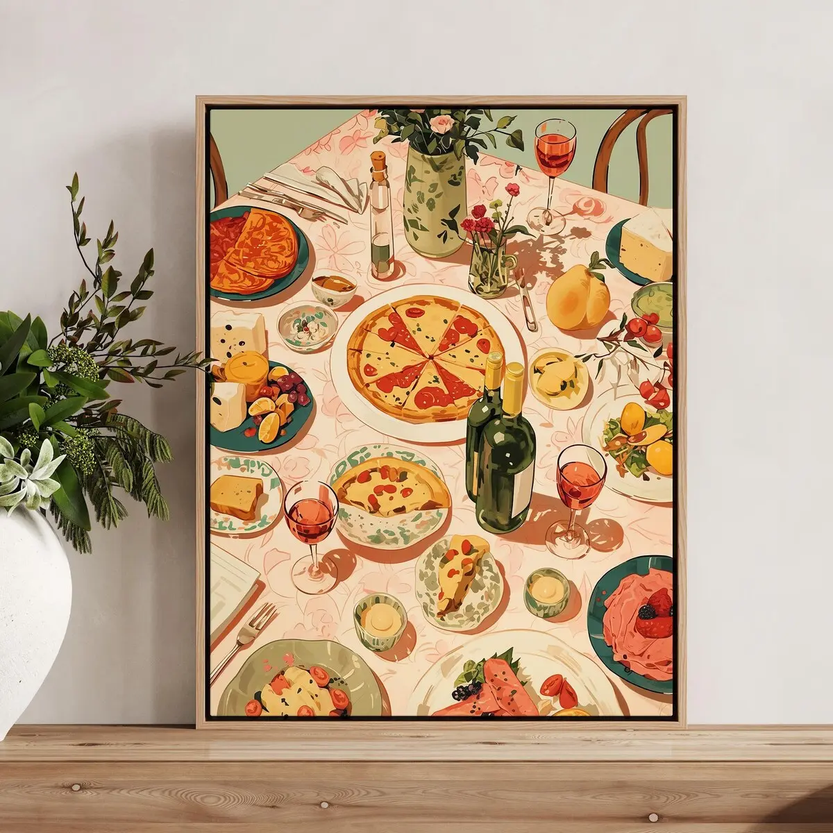 Retro Dinner Table Food Print, Vintage Night In Pizza Poster, Tablescape Kitchen Decor, Food Illustration Wall Art, Gift for Chef Foodie Unframed