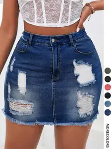 Women's Distressed Fit Button Denim Skirt, Womenswear Fashion Casual Ripped Short Skirt for Daily Outdoor Wear, Micro Skirt, Ladies Bottoms for Summer