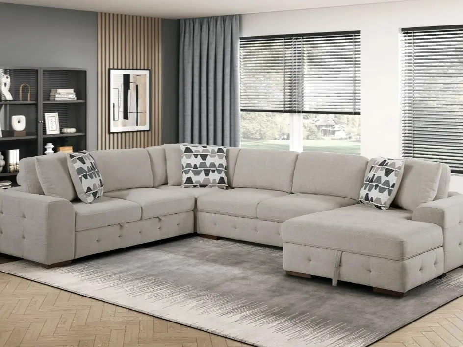9624TP*42LRC Waitsfield 4 Piece Sectional Sofa with Textured Fabric, Storage Chaise & Sleep Area in Taupe Color