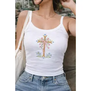 Floral Cross Embroidered Crop Top, Christian Crop Tank, Faith Cross Shirt, Religious Embroidery Top, Aesthetic Christian Gift for Women Embroidered Icon Tank Top