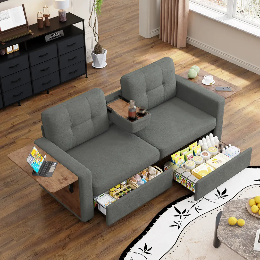 70.08" Gray Chenille Loveseat Sofa - 2-Seater Furniture with 2 Pull-Out Storage Drawers, Foldable Side Tables, Center Console, Cup Holders, Soft Cushions - Modern Upholstered Couch for Living Room Decor, Apartment Furniture, Bedroom