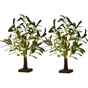 2 Pack Lighted Olive Tree 21” Tabletop Bonsai, Bendable Twig Timer Function Artificial Indoor Tree for Home Decor Wedding Christmas