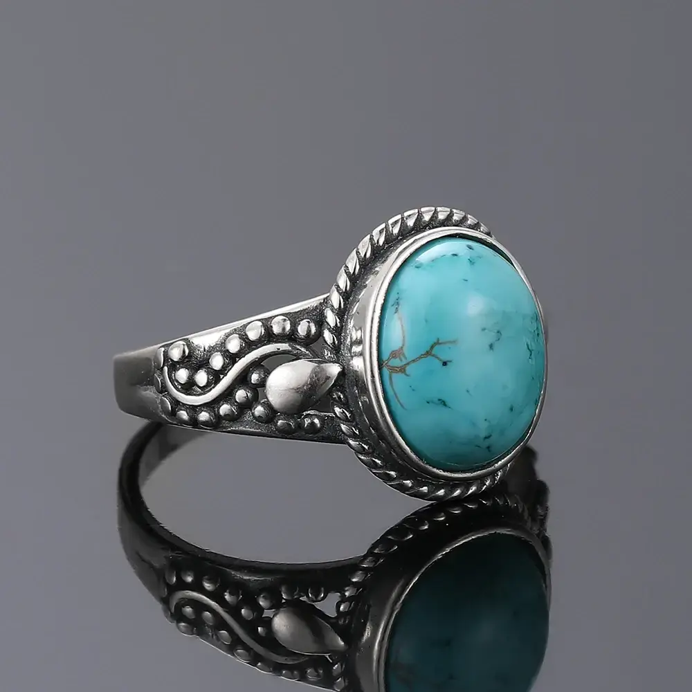 FASHION4U - S925 Silver Oval Natural Turquoise Rings for Men Women Silver Fine Jewelry