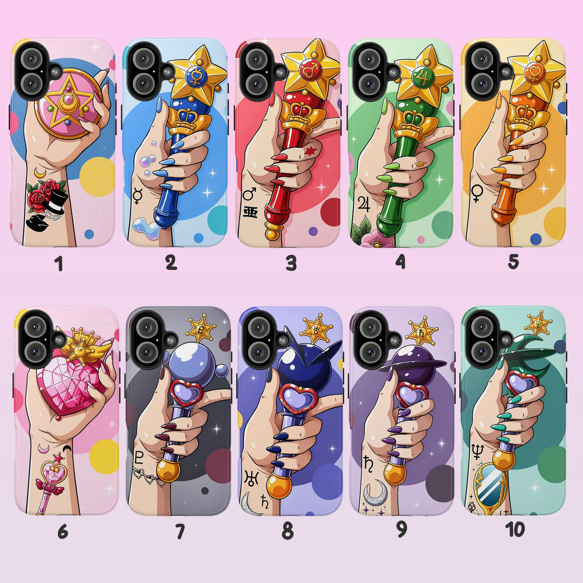 Retro 90s Magical Girl Anime Aesthetic Smartphone Case - 10 Cute Transformation Wand, Star Compact Designs, Wireless-Friendly, Shockproof Rubber-Polycarbonate Casing for iPhone, Cellphone Devices