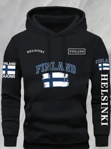 Men's Finland Flag Hoodie, 100% Polyester Graphic Print Pullover, Pocket Design, Casual Fall & Winter Warm Top