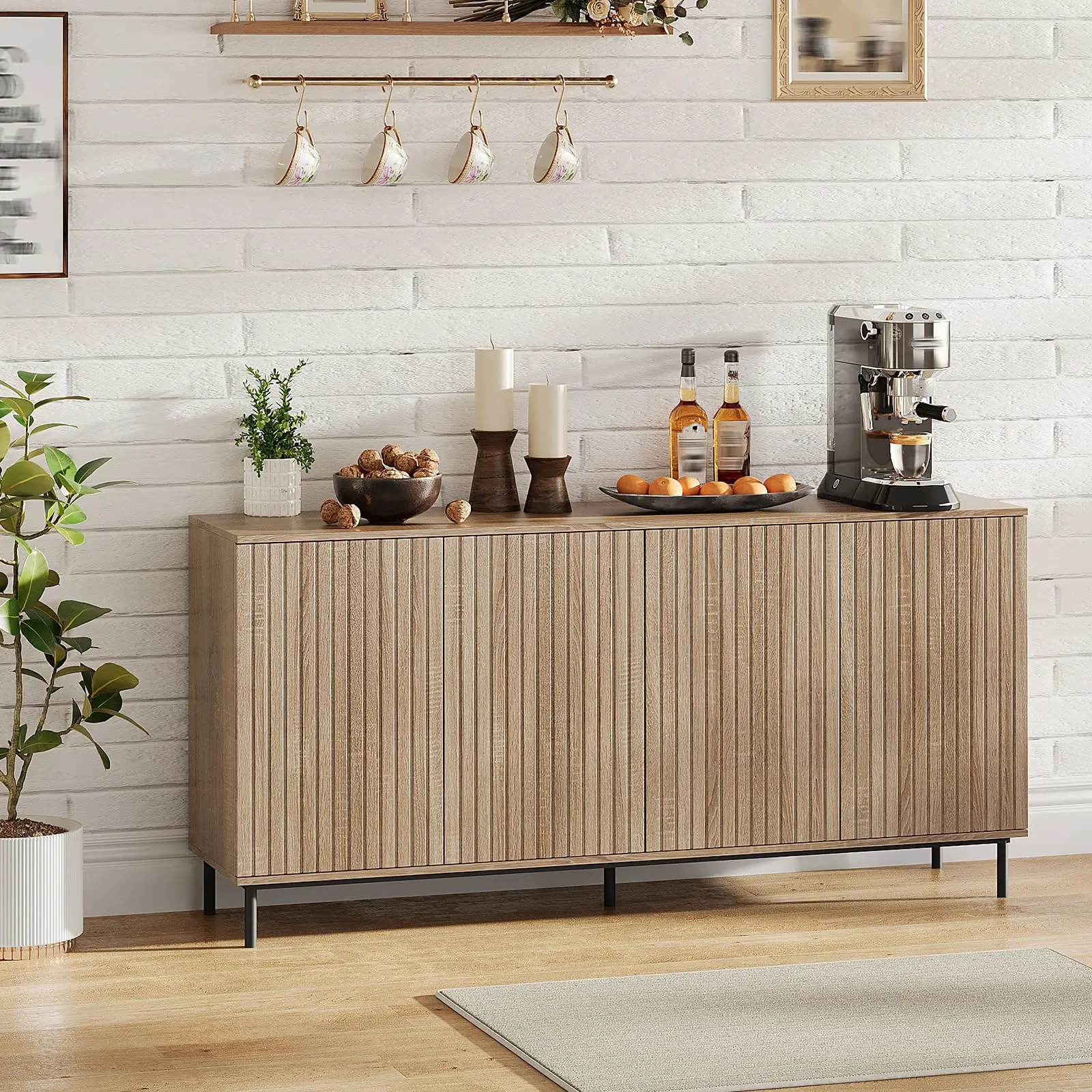 Garvee 63" Modern Fluted Buffet Cabinet with 4 Fluted Doors & Metal Legs & Adjustable Shelves, Farmhouse Coffee Bar Kitchen Cabinet Sideboard Console Table for Dining Room Entryway