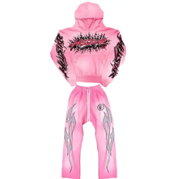 Hellstar Brainwashed Pink Tracksuit Set, Graphic Hoodie & Jogger Pants, Y2K Streetwear Outfit for Men & Women