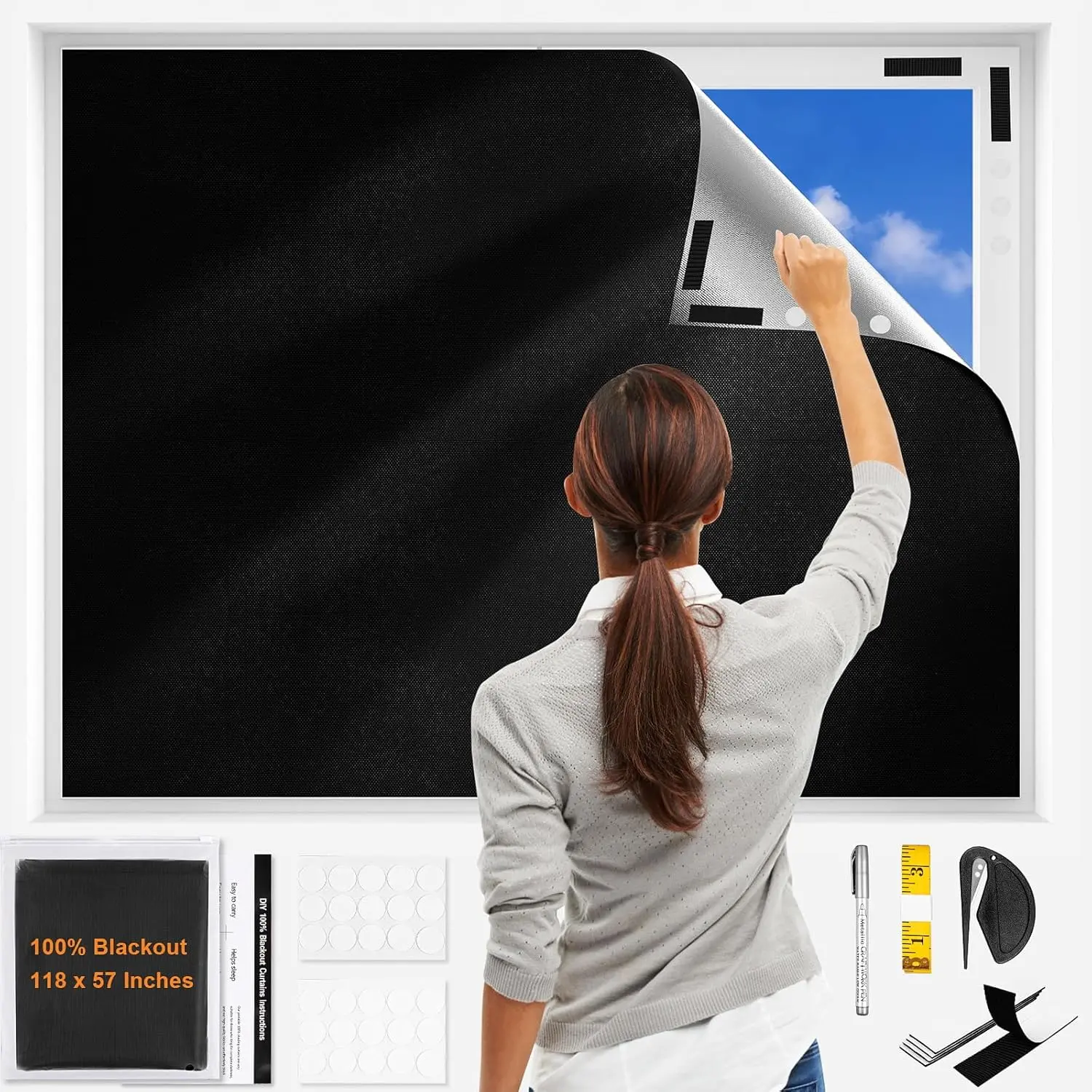 Blackout Curtains 118"x57" Portable No Drill Window Shades for Bedroom, , RV, Dorm Room, Travel, Temporary Blackout Blinds with Stickers & Tabs, DIY Window Cover (Black)