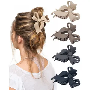 4-Piece Women’s Bow Hair Clips Set, Large Non-Slip Cute Bows (Black+Gray+Dark Brown+Light Brown)