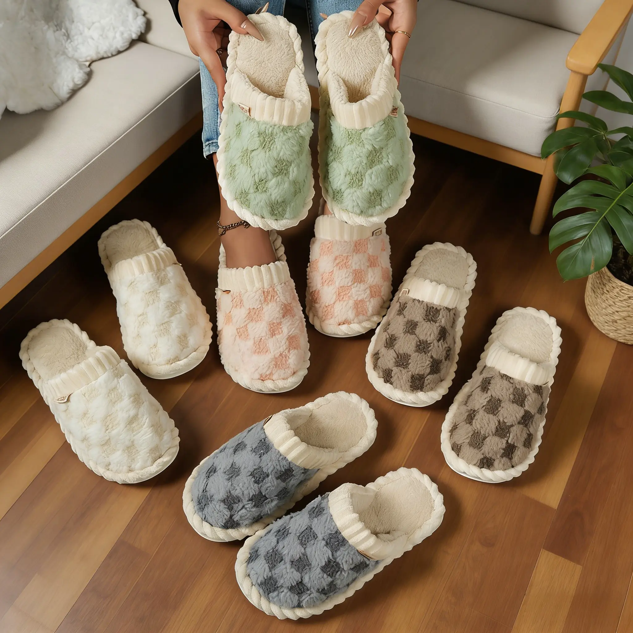 Women's Fuzzy Plaid Slippers, Plush Open Toe Slides with Memory Foam, Lightweight Casual Footwear for Indoor Outdoor Use, Soft, Minimalist, Slippers For Women, Cotton, Slide Shoes, Round Toe