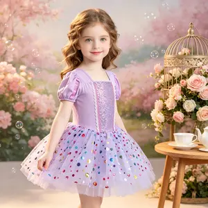 Girls Purple Sequin Ballerina Tutu Dress | Puff Sleeve Sparkle Dancewear for Toddler Recital & Ballet Class